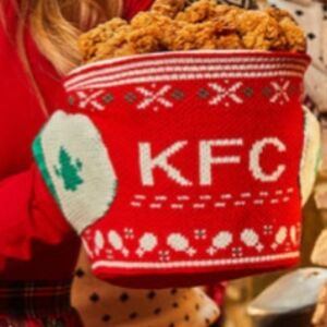 Kentucky Fried Chicken Finger Licken’ Chicken Mitten Bucket Hugger. KFC sweater.